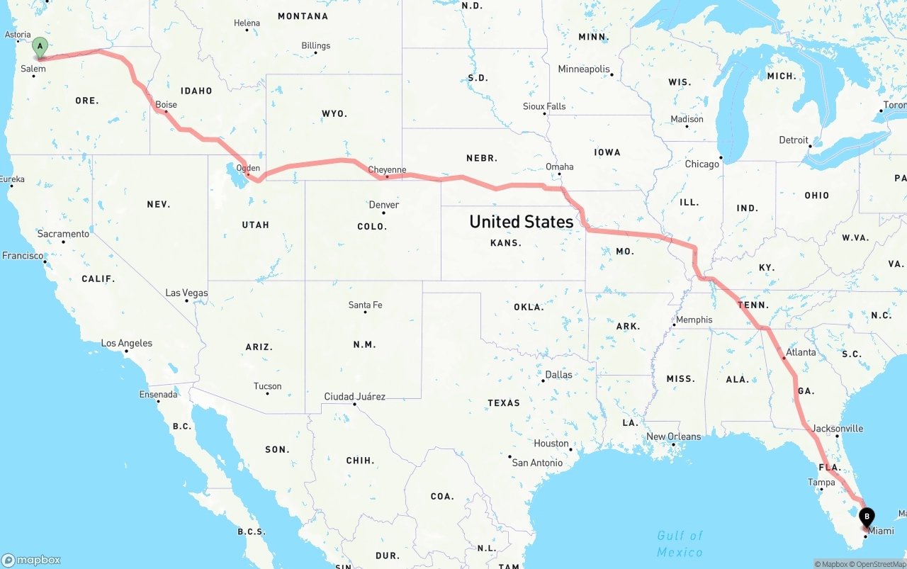 Shipping route from Portland to Port of Port Everglades