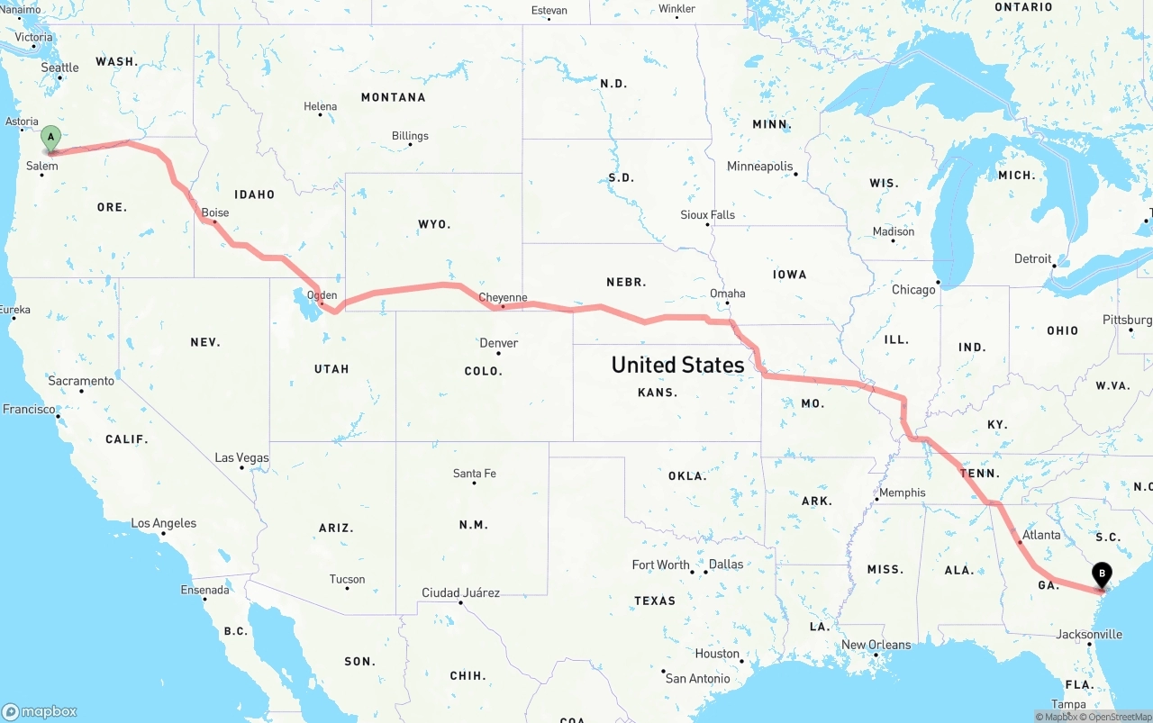Shipping route from Portland to Port of Savannah