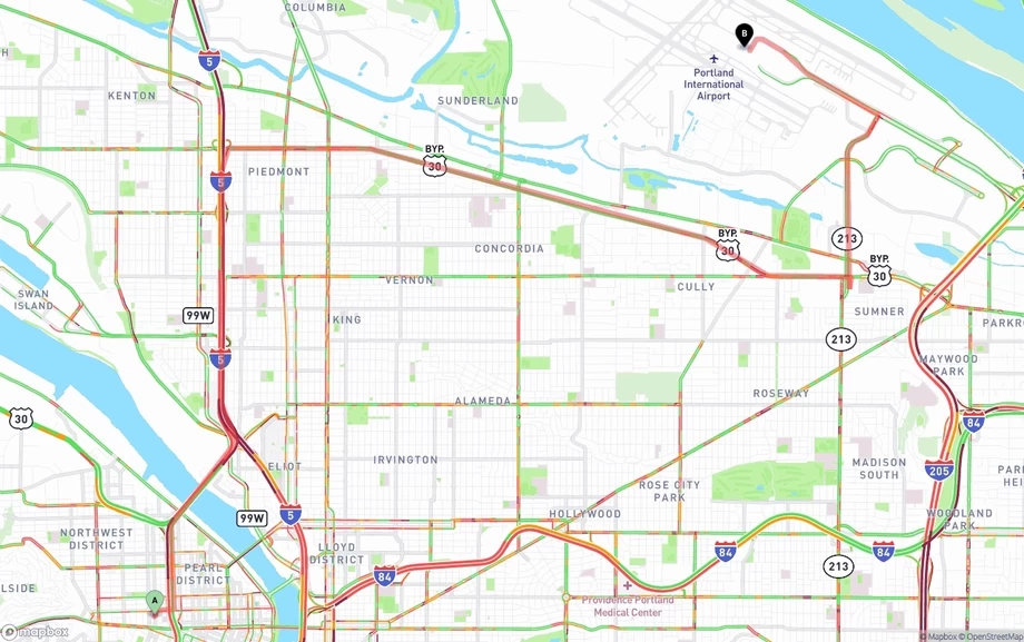 Portland to Portland International Airport freight shipping route map