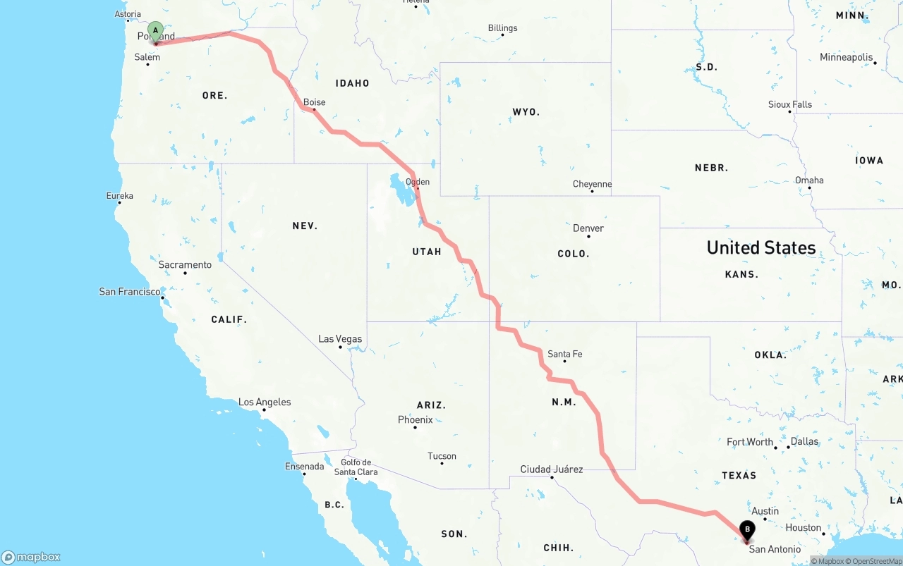 Shipping route from Portland to San Antonio