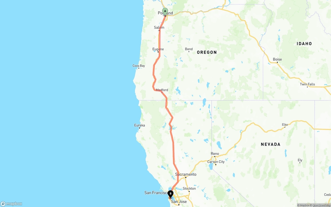 Shipping route from Portland to San Francisco International Airport