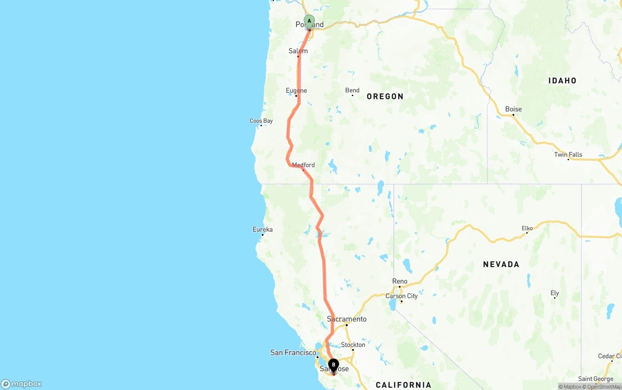 Shipping route from Portland to San Jose