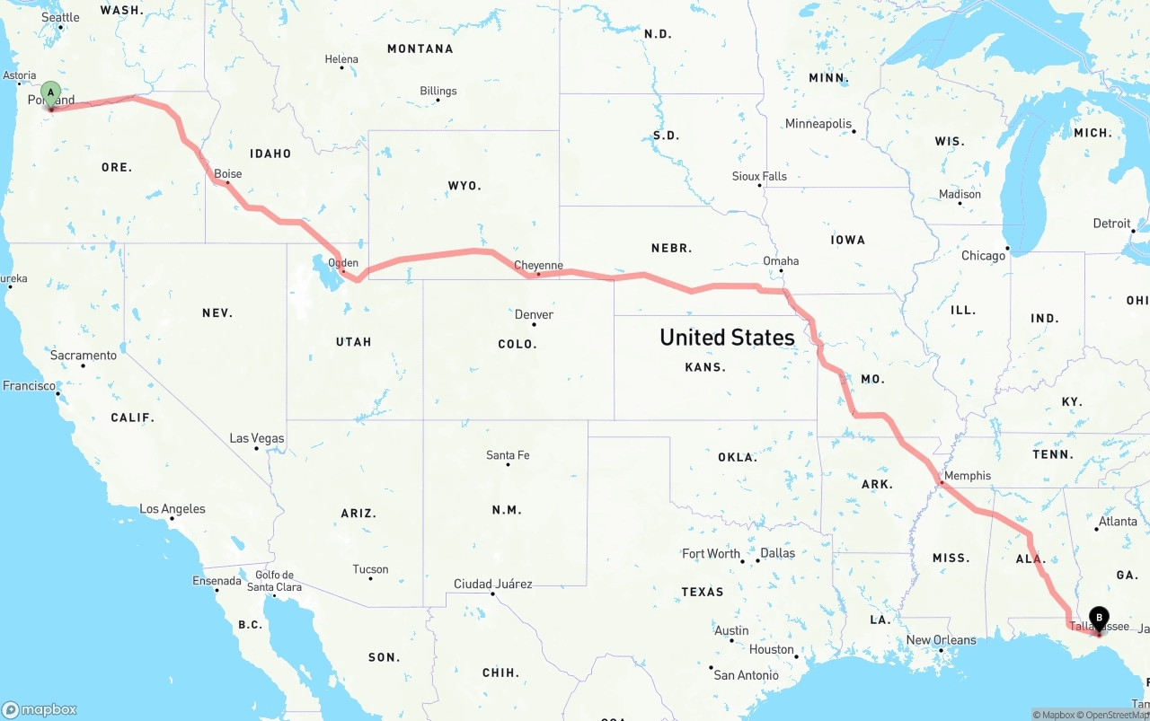 Shipping route from Portland to Tallahassee