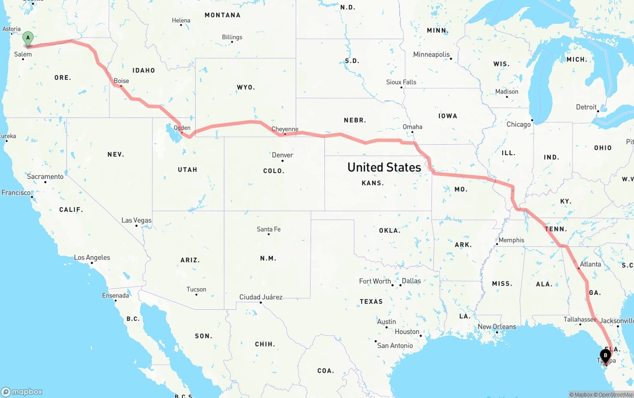 Shipping route from Portland to Tampa International Airport