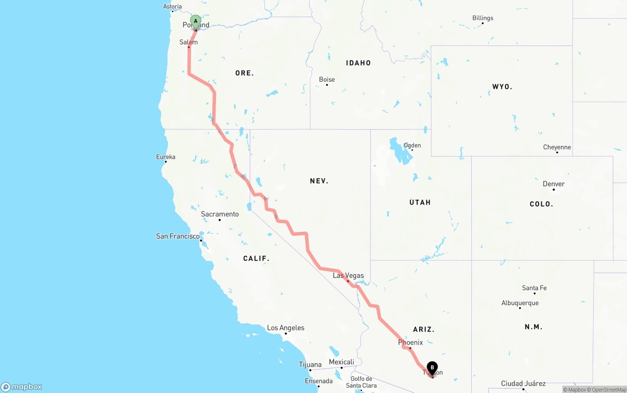 Shipping route from Portland to Tucson