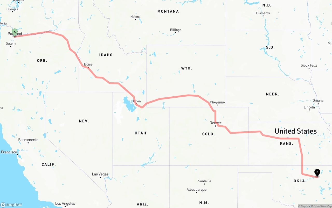 Shipping route from Portland to Tulsa