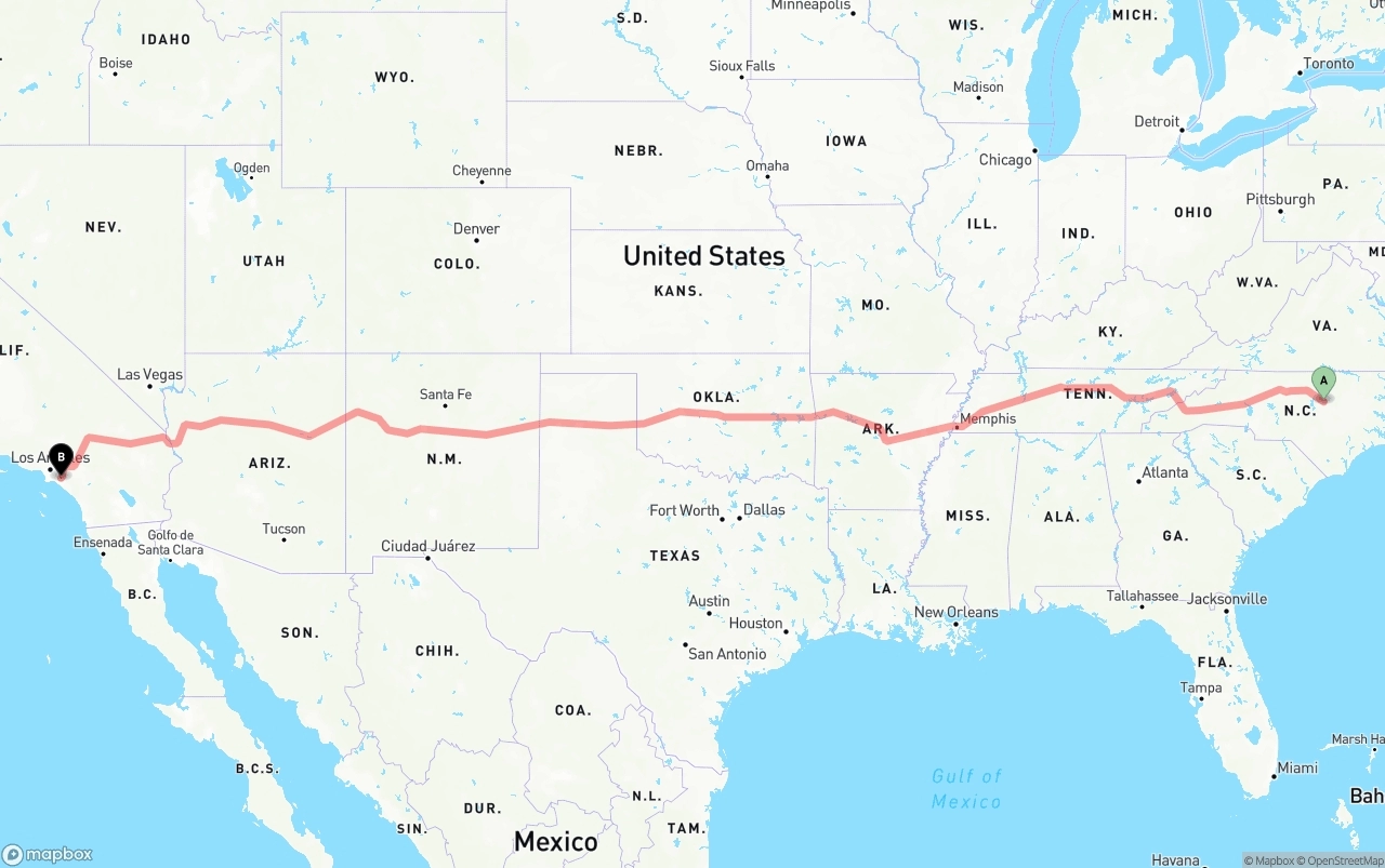 Shipping route from Raleigh to Anaheim