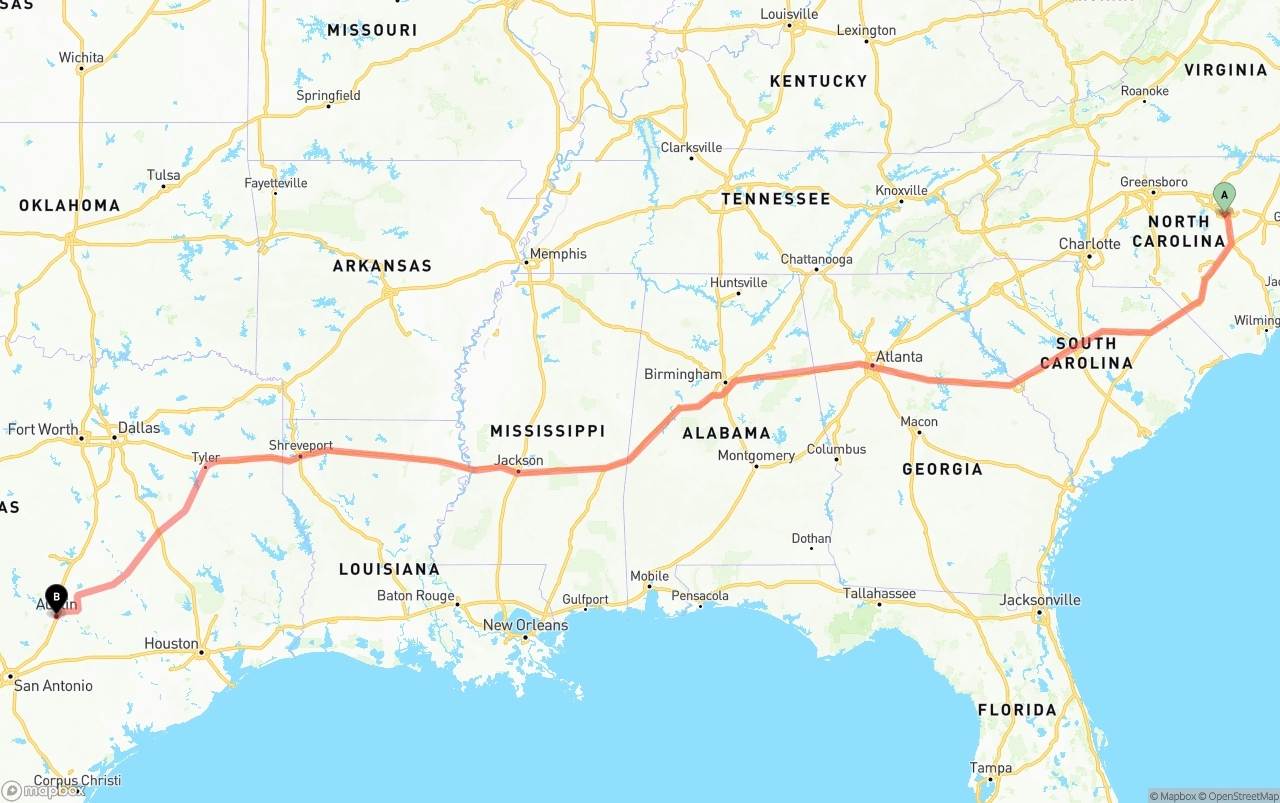 Shipping route from Raleigh to Austin