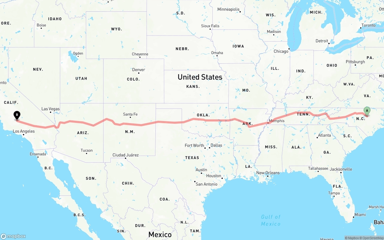 Shipping route from Raleigh to Bakersfield