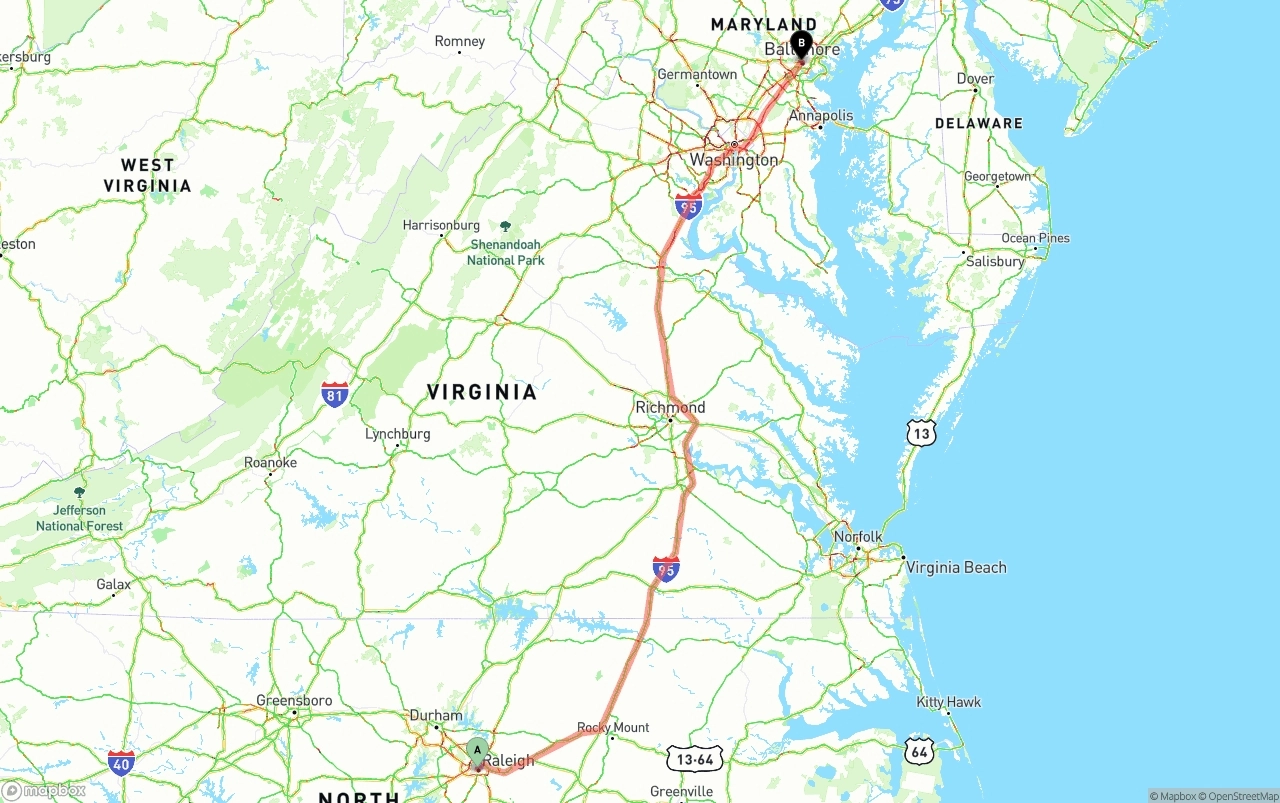 Shipping route from Raleigh to Baltimore