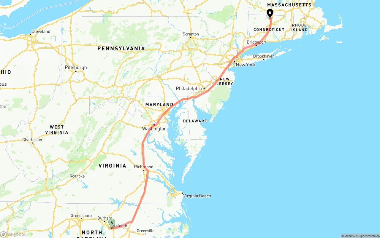 Shipping route from Raleigh to Bradley International Airport