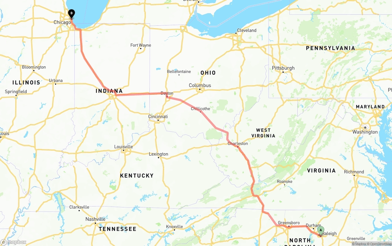 Shipping route from Raleigh to Chicago