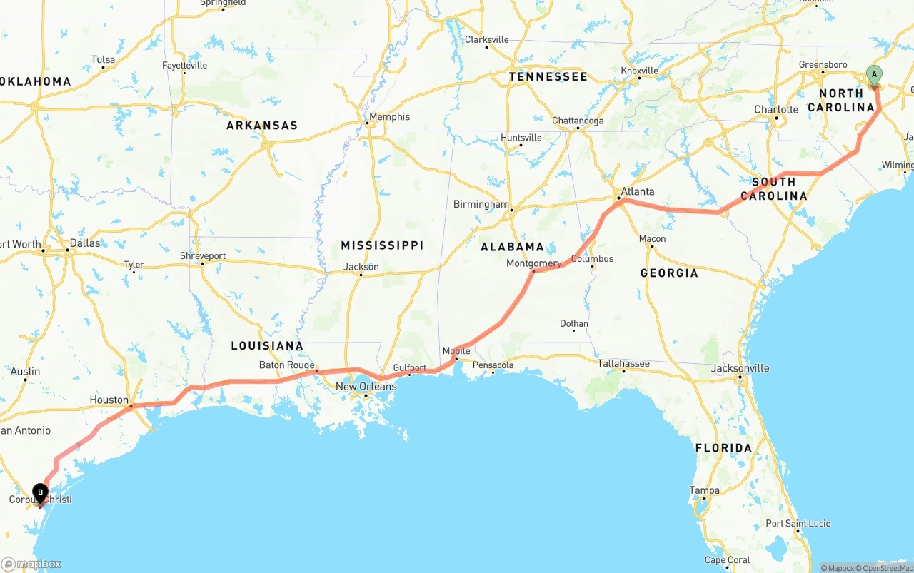 Shipping route from Raleigh to Corpus Christi