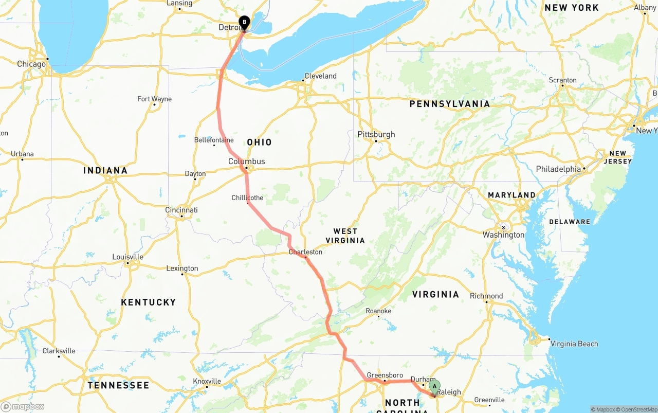 Shipping route from Raleigh to Detroit
