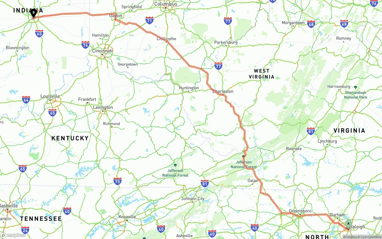 Shipping route from Raleigh to Indianapolis
