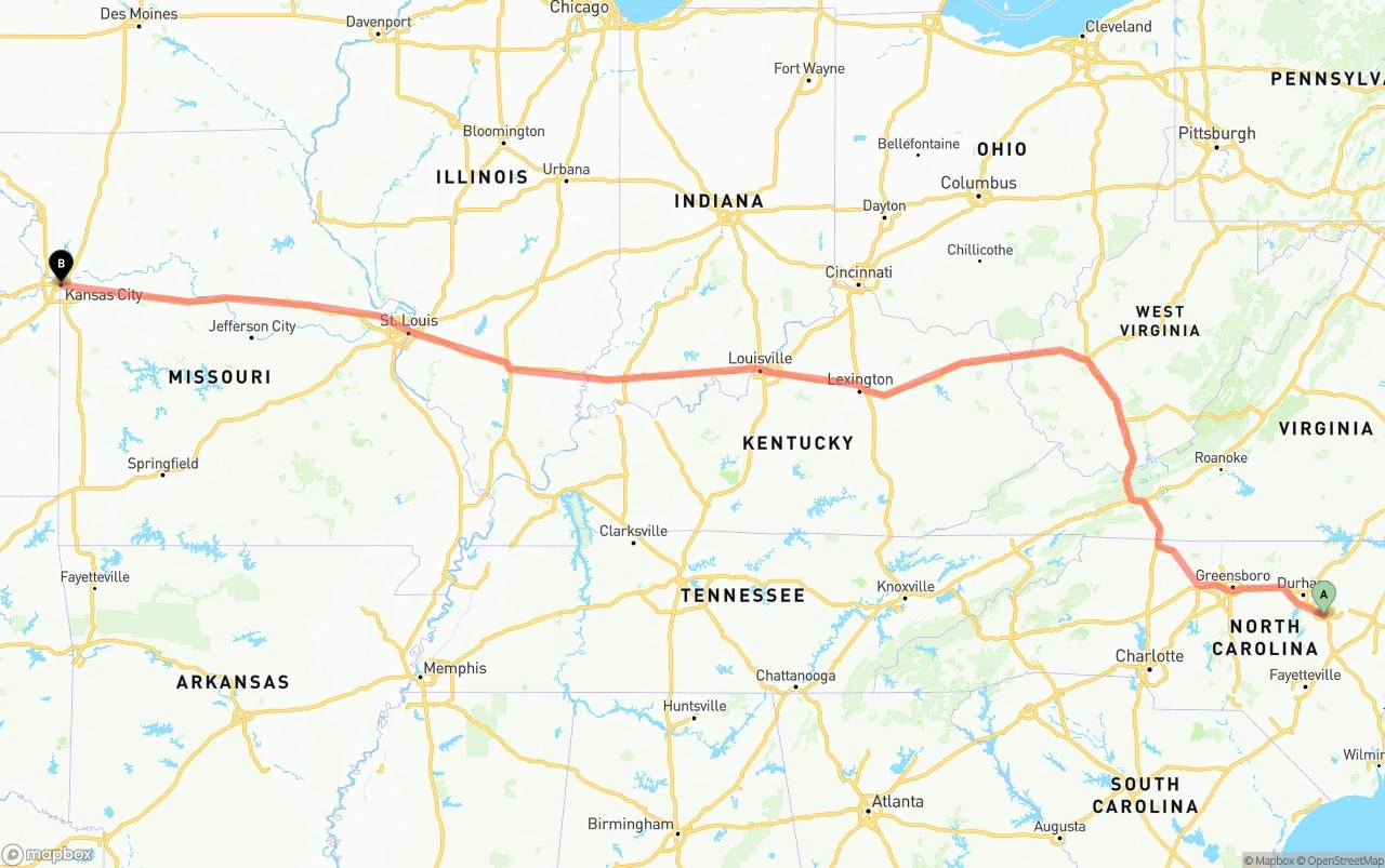 Shipping route from Raleigh to Kansas City
