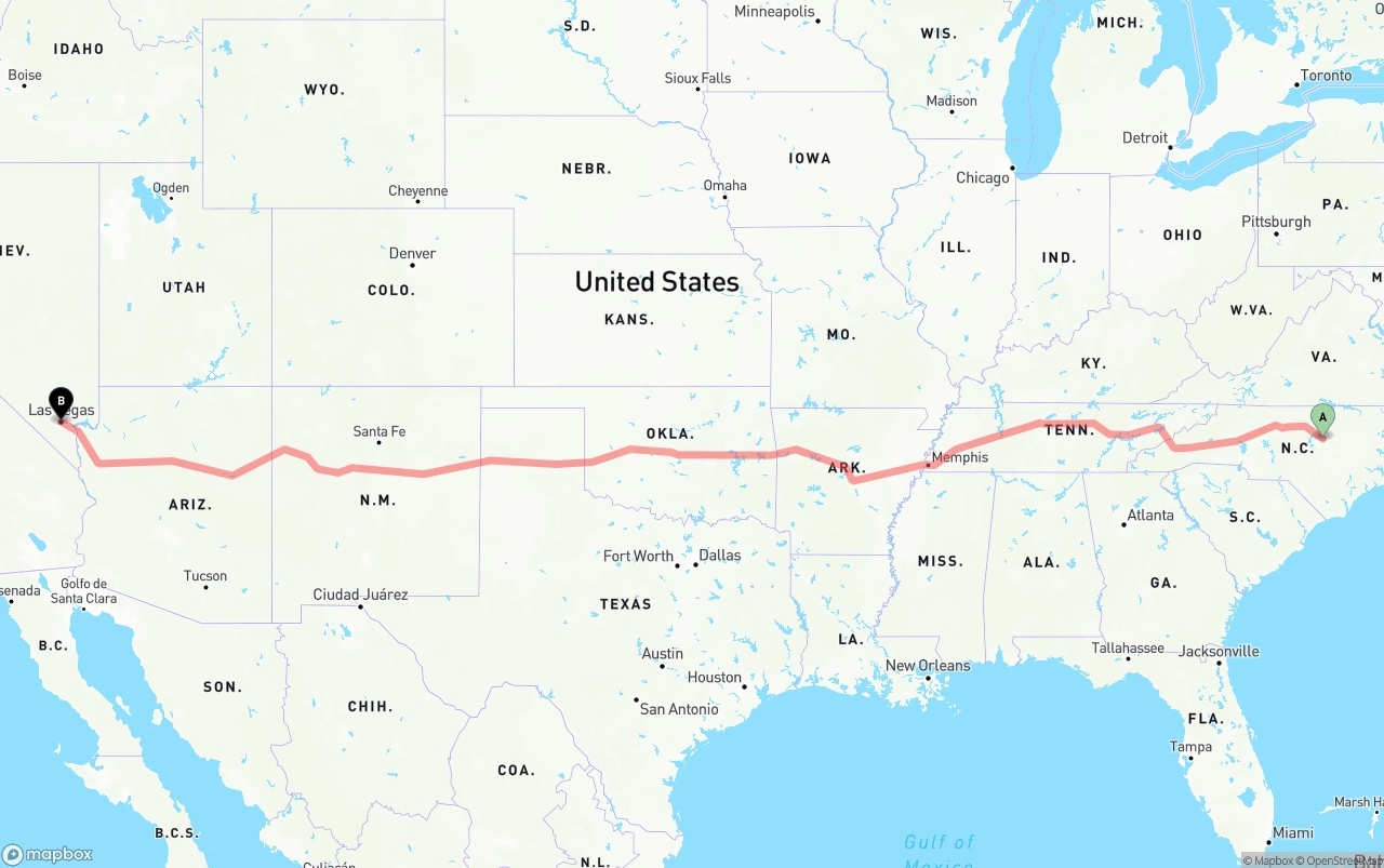 Shipping route from Raleigh to Las Vegas