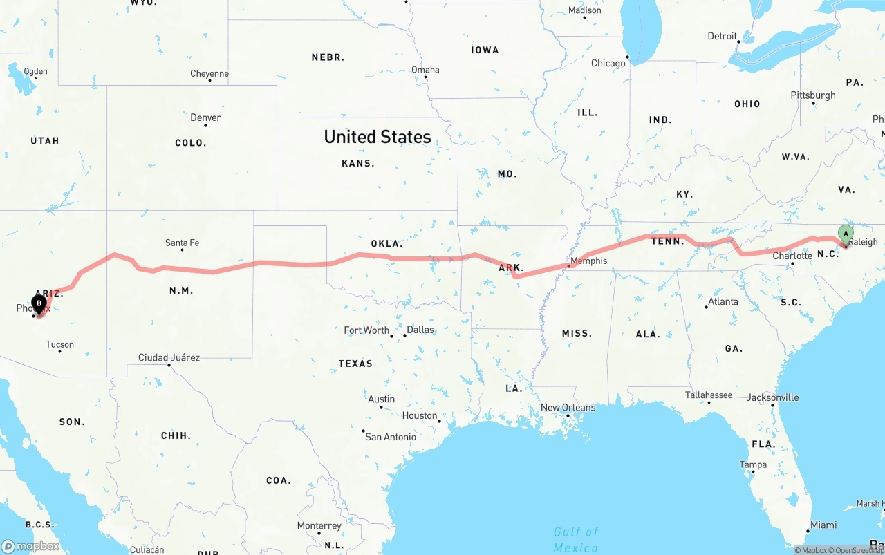 Shipping route from Raleigh to Mesa