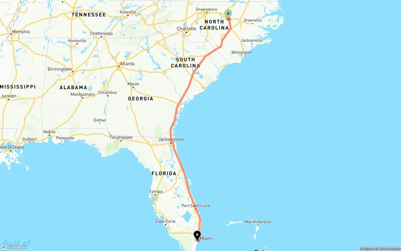 Shipping route from Raleigh to Miami International Airport