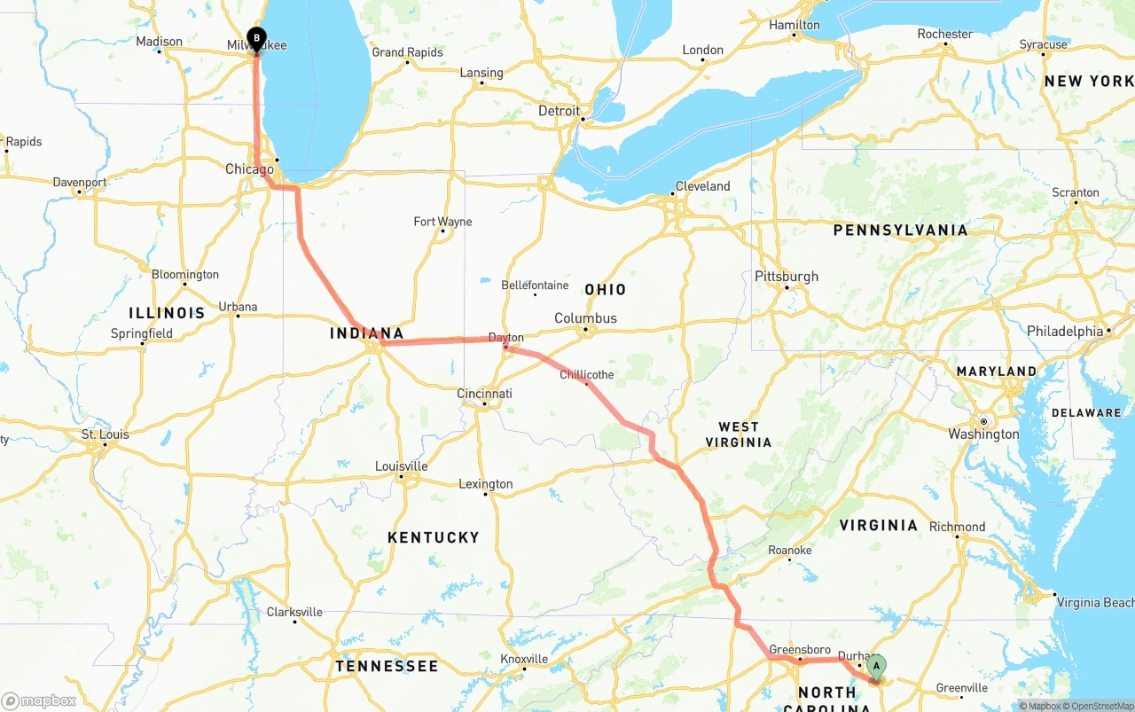 Shipping route from Raleigh to Milwaukee
