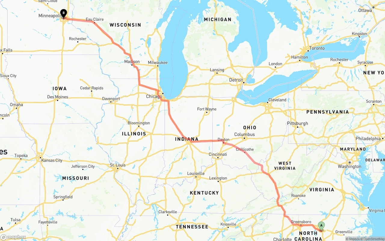 Shipping route from Raleigh to Minneapolis