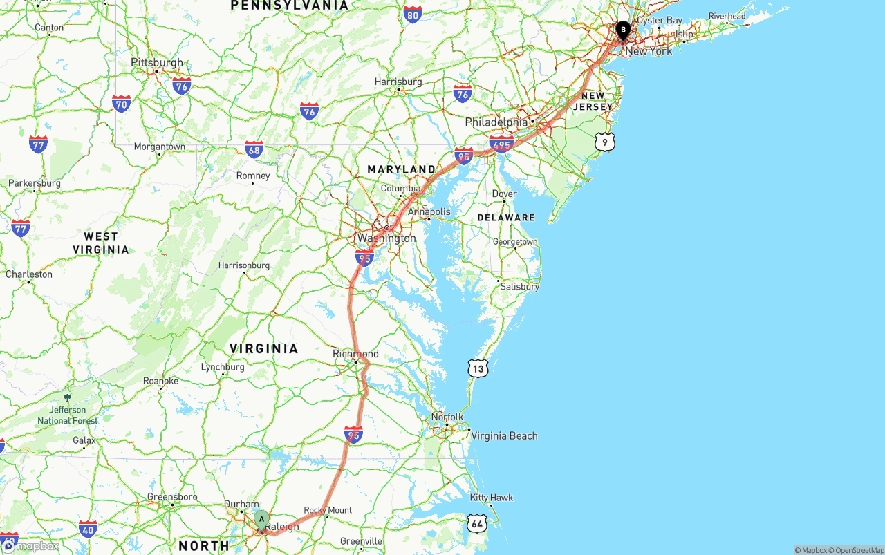 Shipping route from Raleigh to New York City
