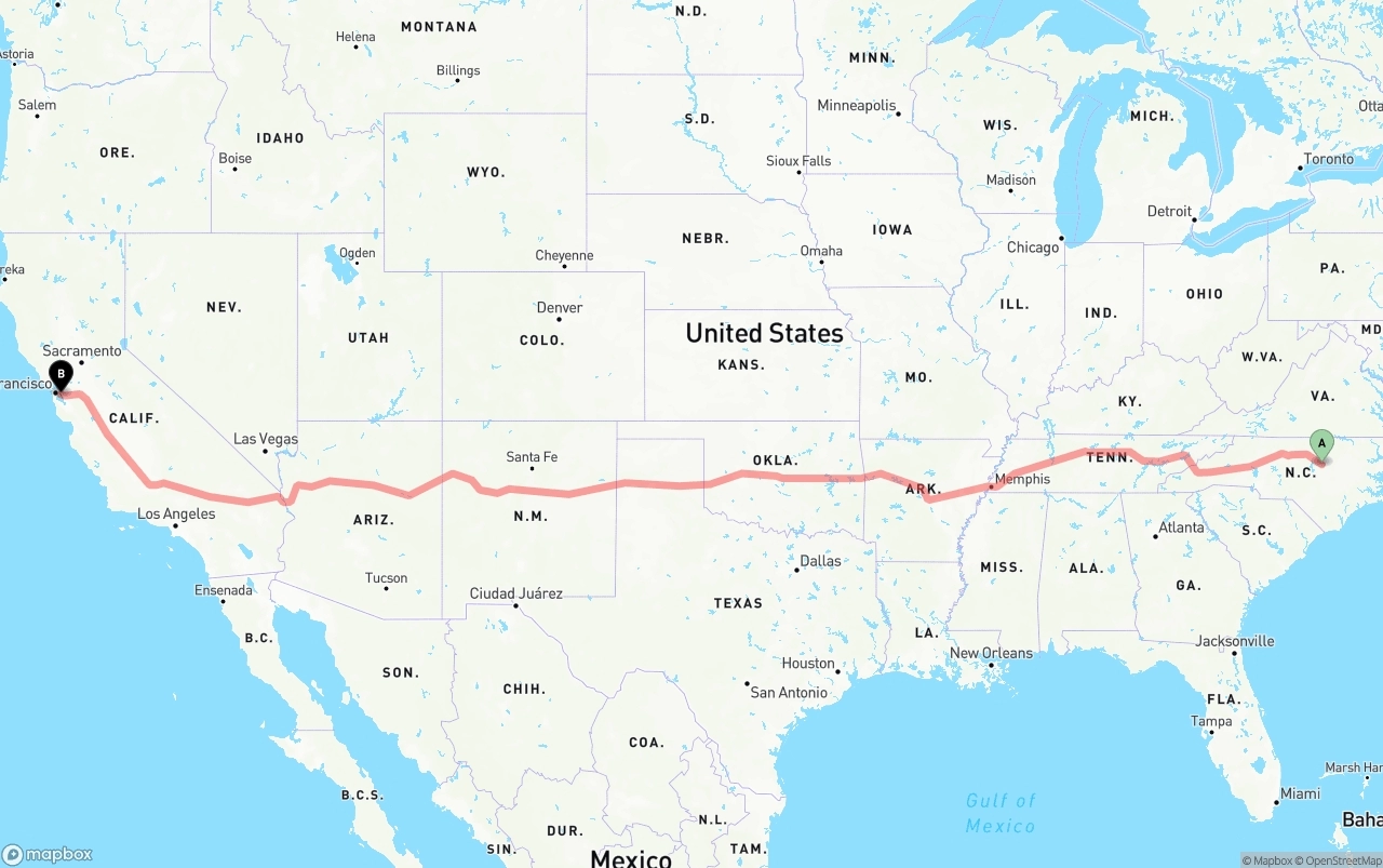 Shipping route from Raleigh to Oakland International Airport