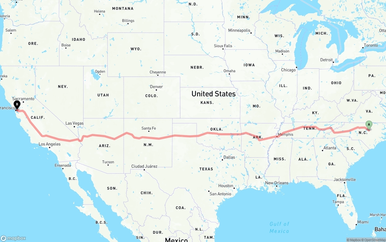 Shipping route from Raleigh to Oakland