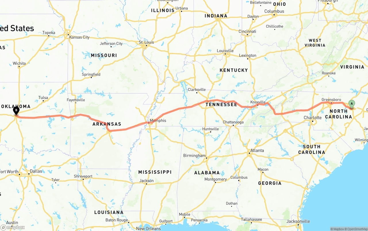 Shipping route from Raleigh to Oklahoma City
