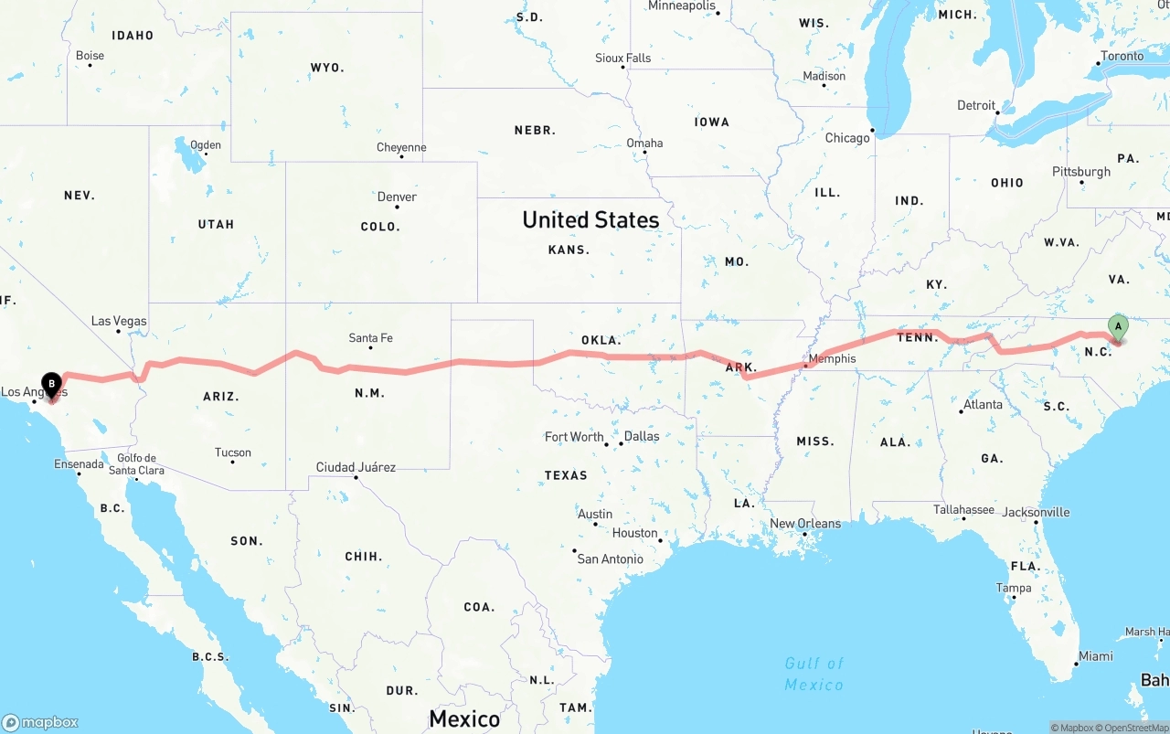 Shipping route from Raleigh to Ontario International Airport