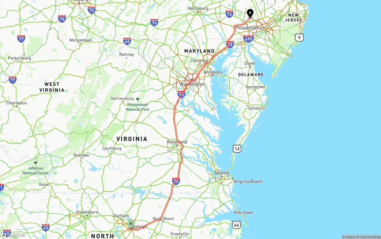 Shipping route from Raleigh to Phoenix