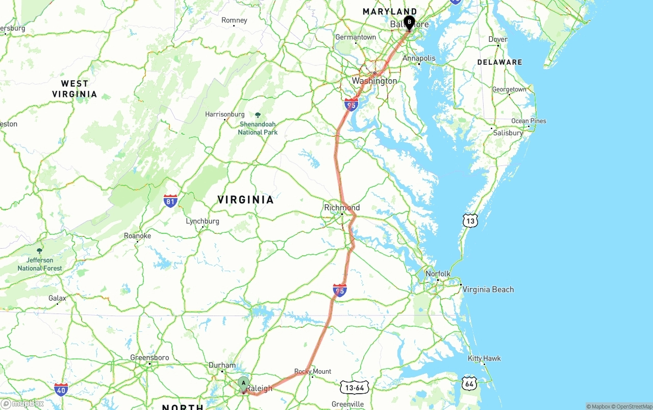Shipping route from Raleigh to Port of Baltimore