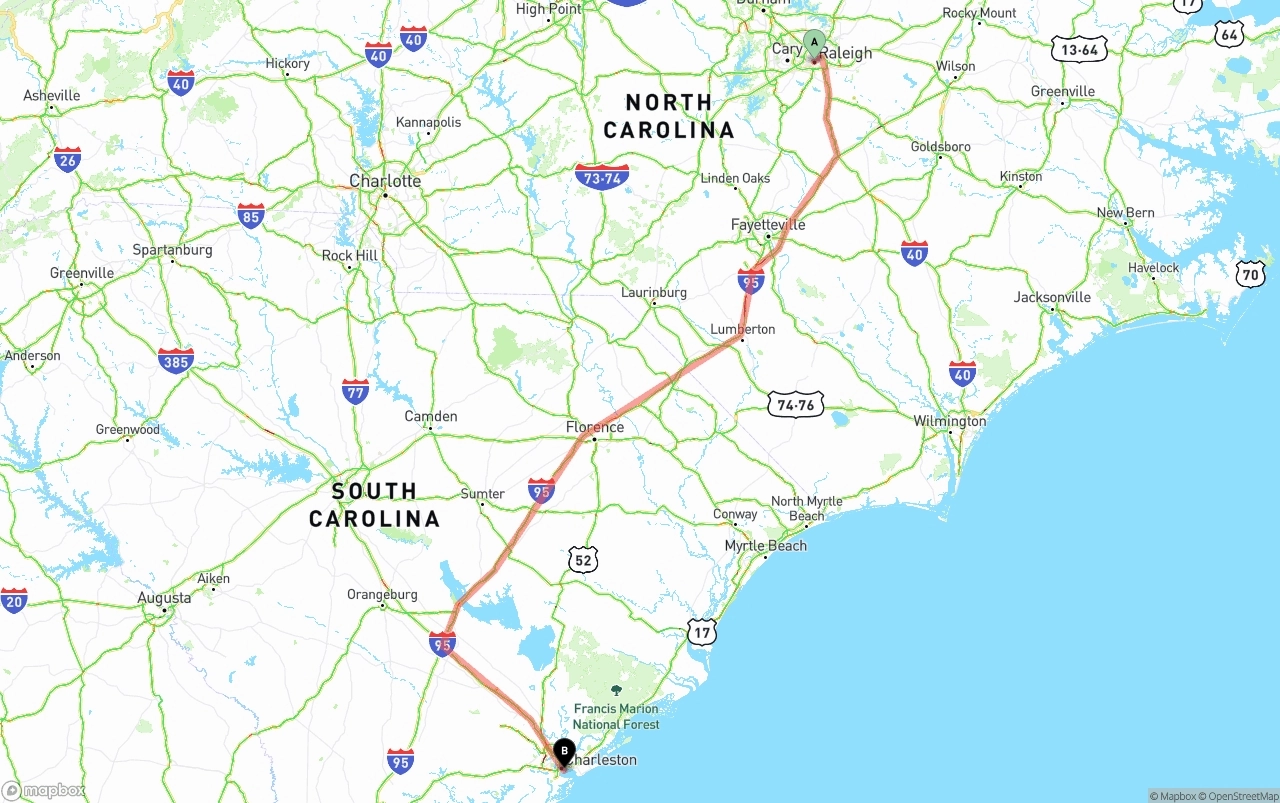 Shipping route from Raleigh to Port of Charleston