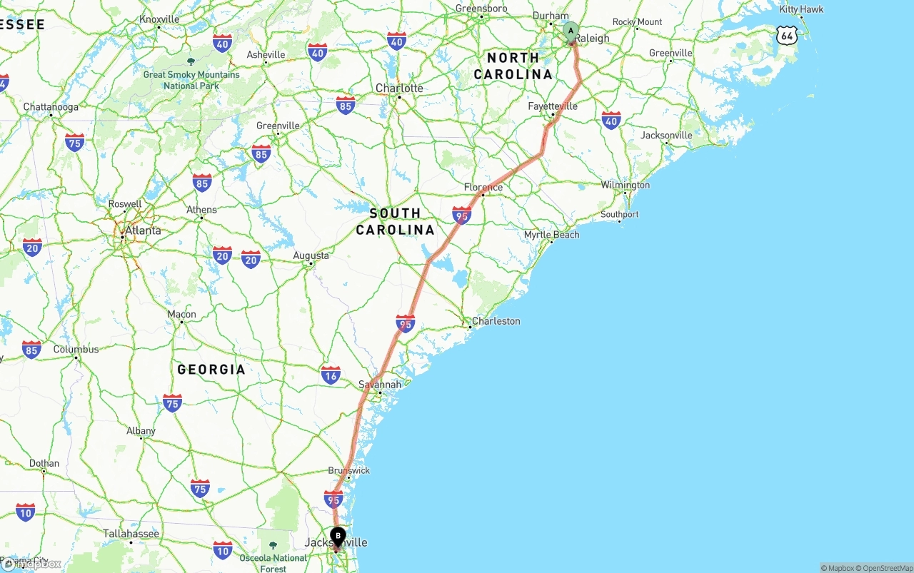 Shipping route from Raleigh to Port of Jacksonville