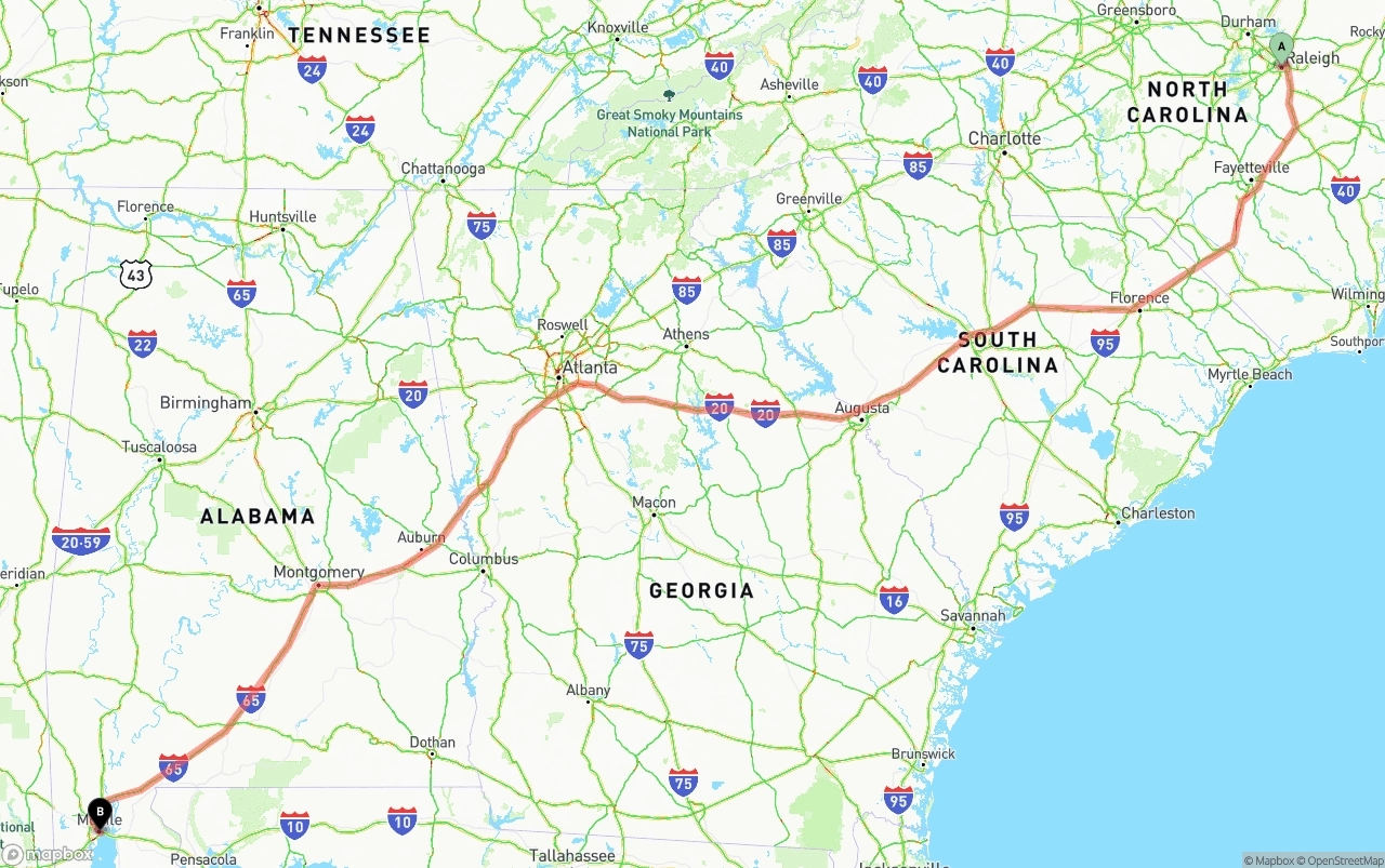 Shipping route from Raleigh to Port of Mobile