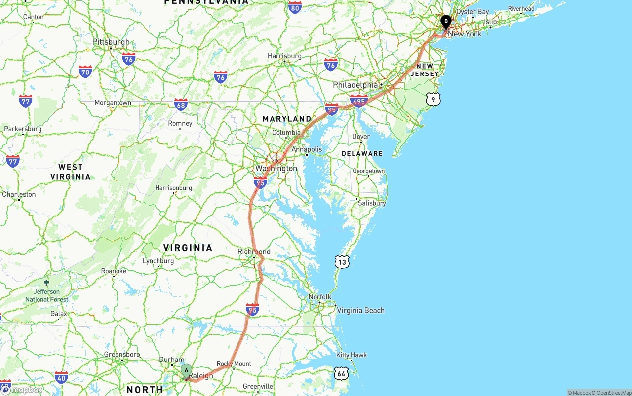 Shipping route from Raleigh to Port of New York
