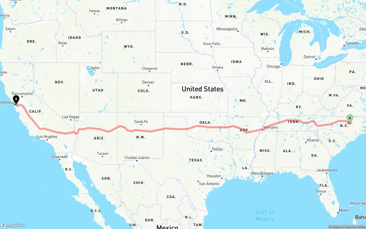 Shipping route from Raleigh to Port of Oakland