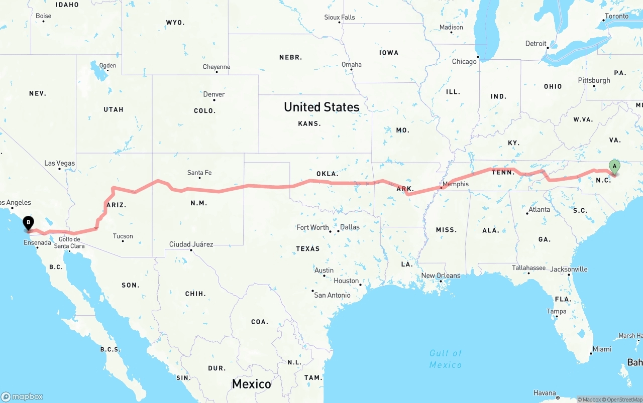 Shipping route from Raleigh to San Diego International Airport
