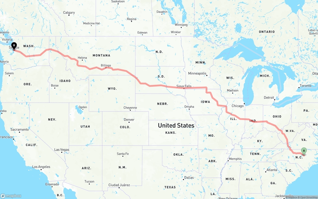 Shipping route from Raleigh to Seattle
