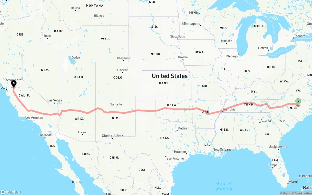 Shipping route from Raleigh to Stockton