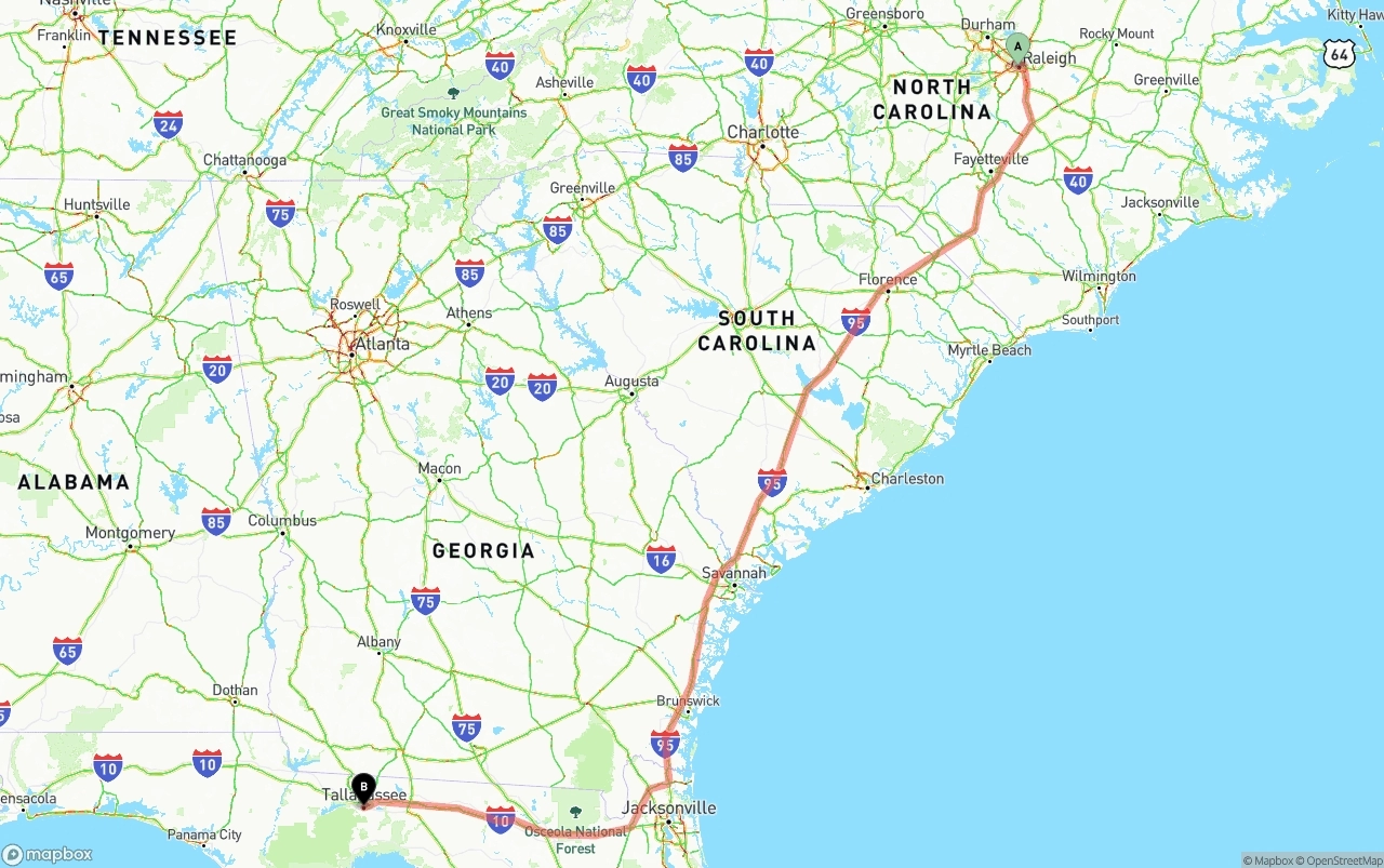 Shipping route from Raleigh to Tallahassee