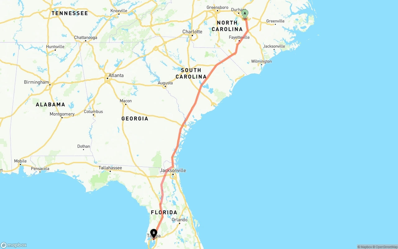 Shipping route from Raleigh to Tampa