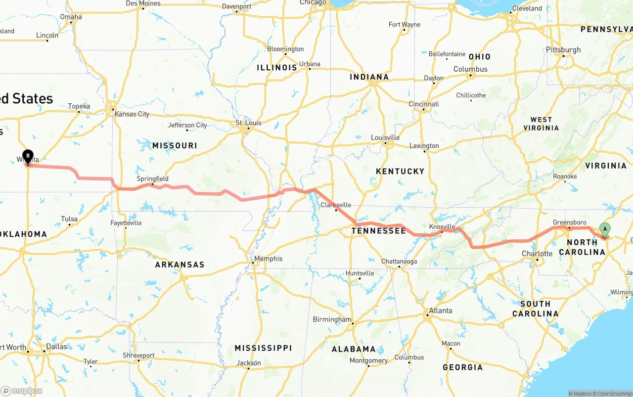 Shipping route from Raleigh to Wichita