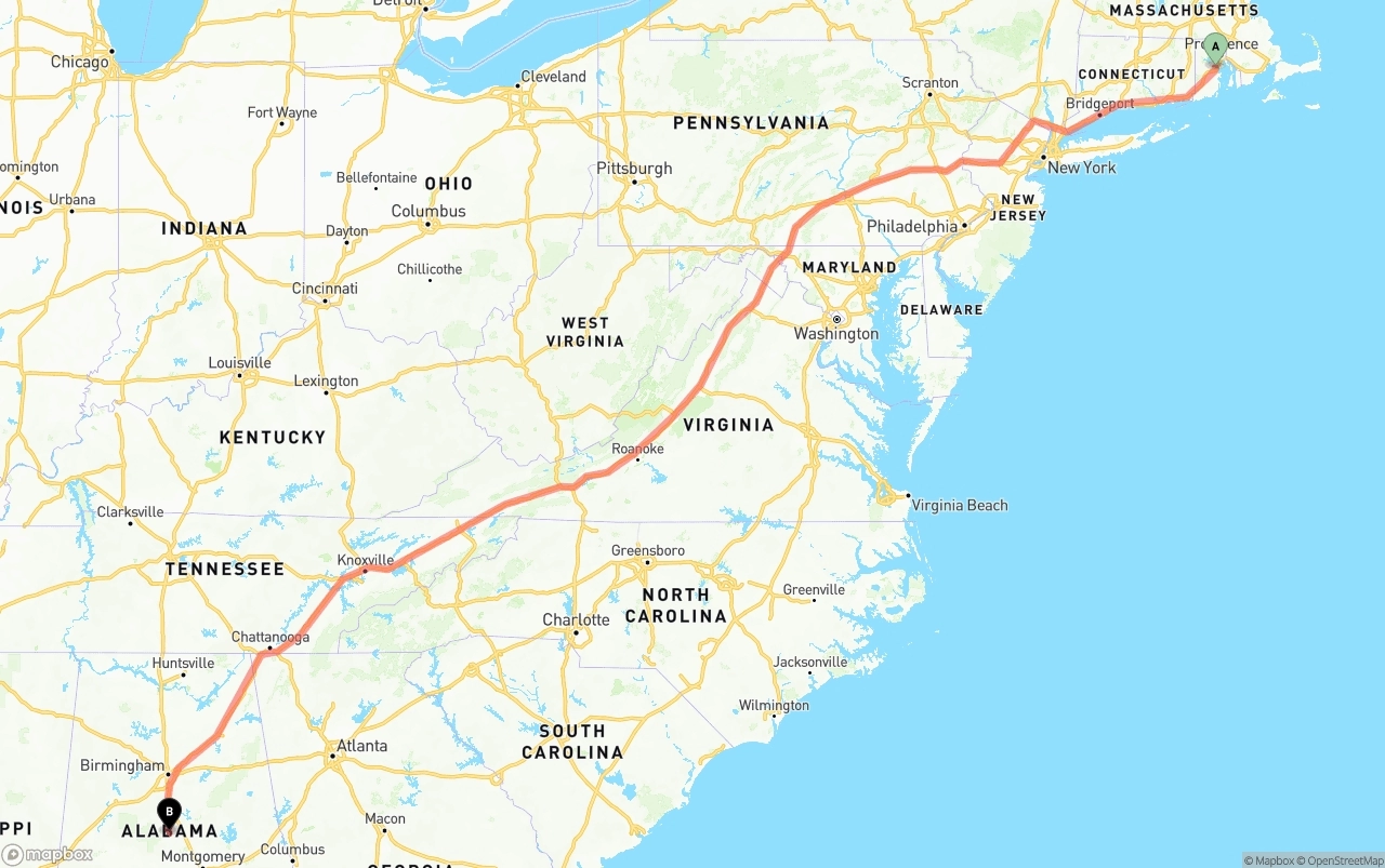 Shipping route from Rhode Island to Alabama