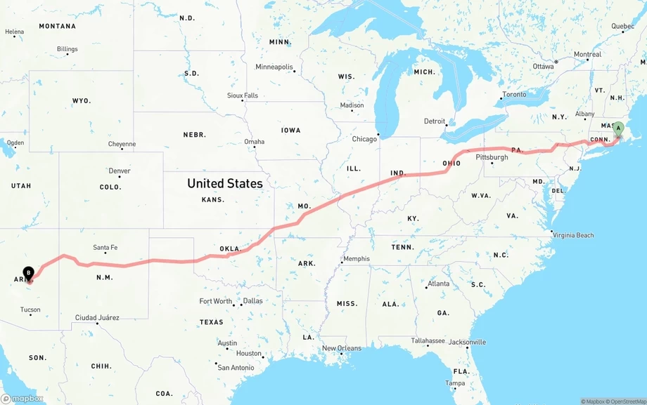 Rhode Island to Arizona freight shipping route map