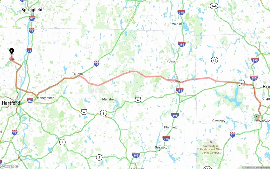 Rhode Island to Bradley International Airport freight shipping route map