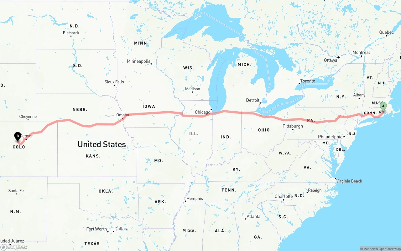 Shipping route from Rhode Island to Colorado