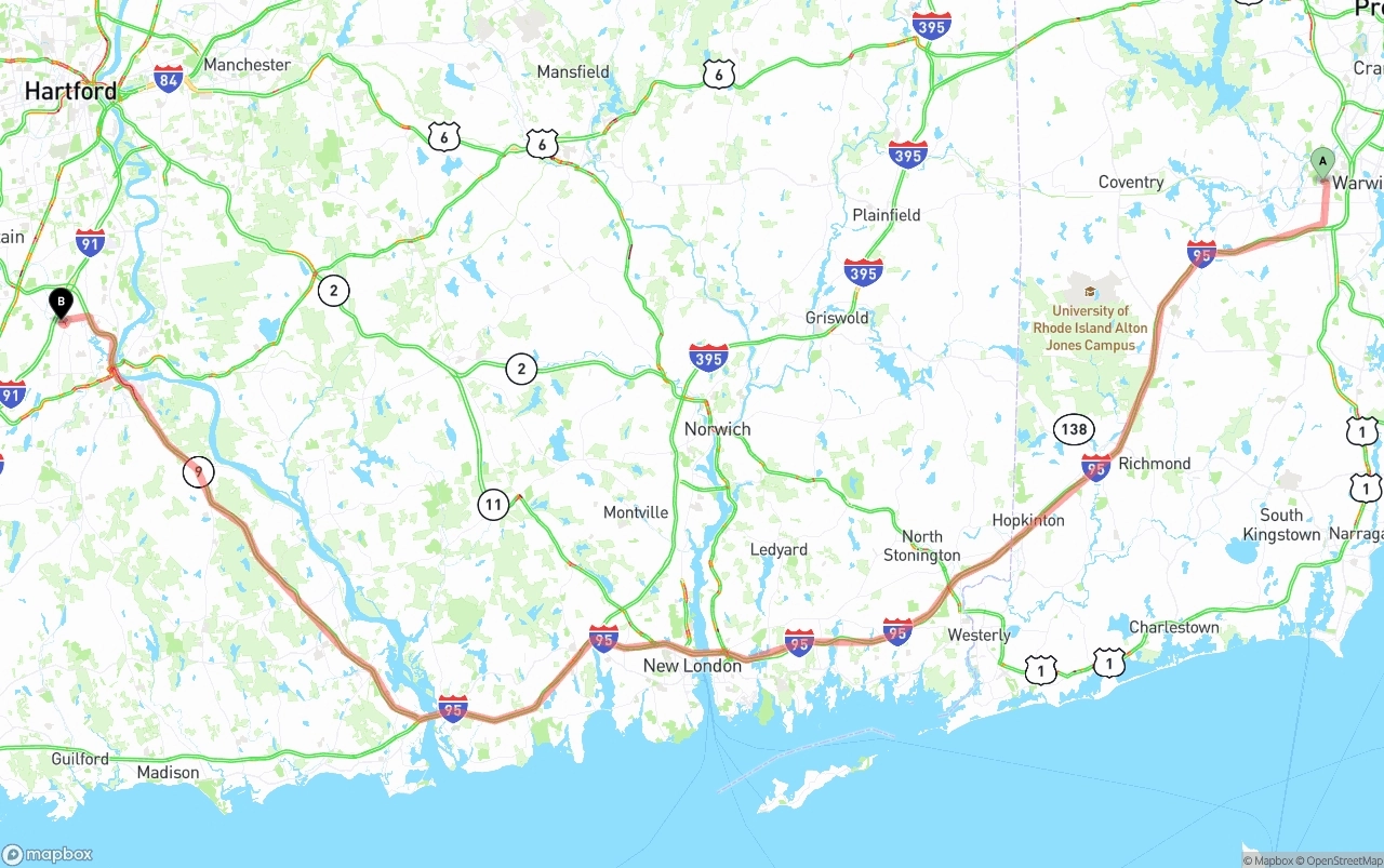 Shipping route from Rhode Island to Connecticut