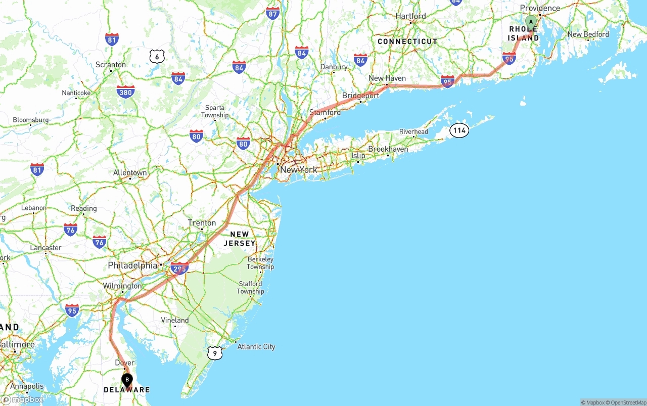 Shipping route from Rhode Island to Delaware