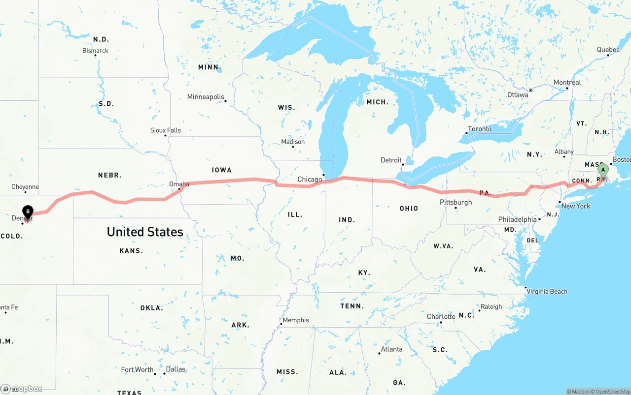 Shipping route from Rhode Island to Denver International Airport